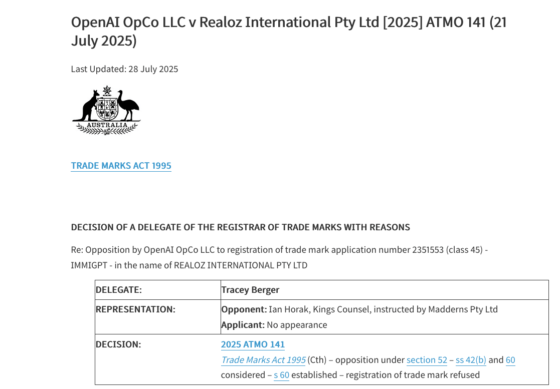 Austlii screenshot showing the decision of OpenAI and Realoz case