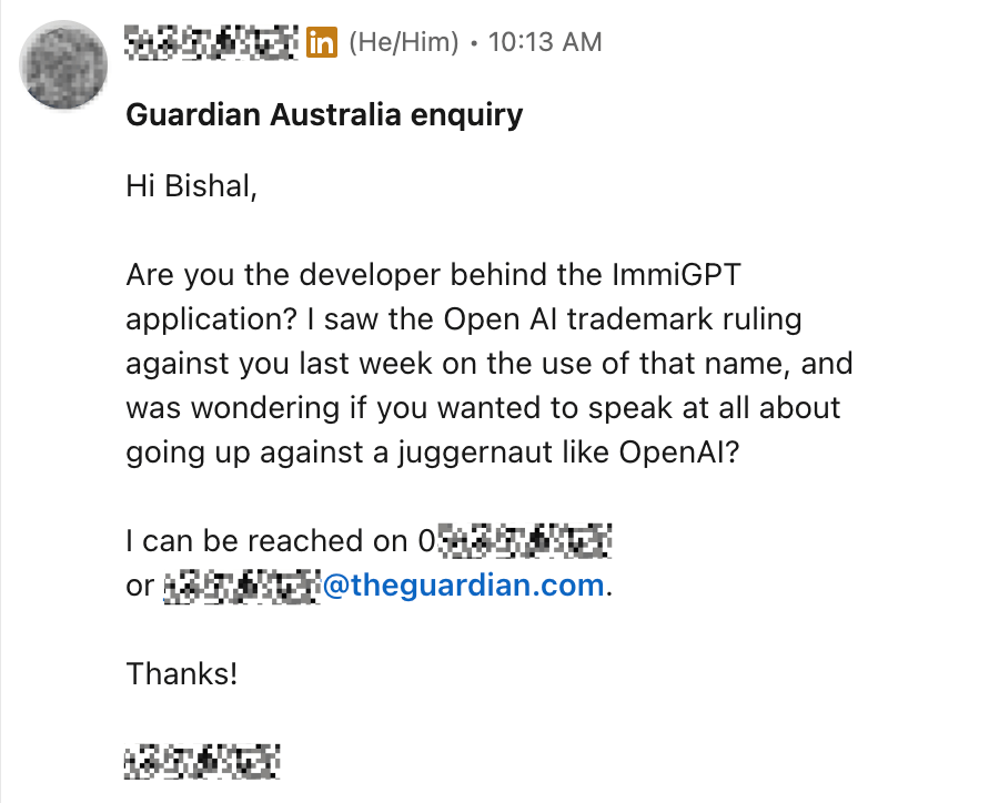 Guardian reporter DM asking me about going up against OpenAI