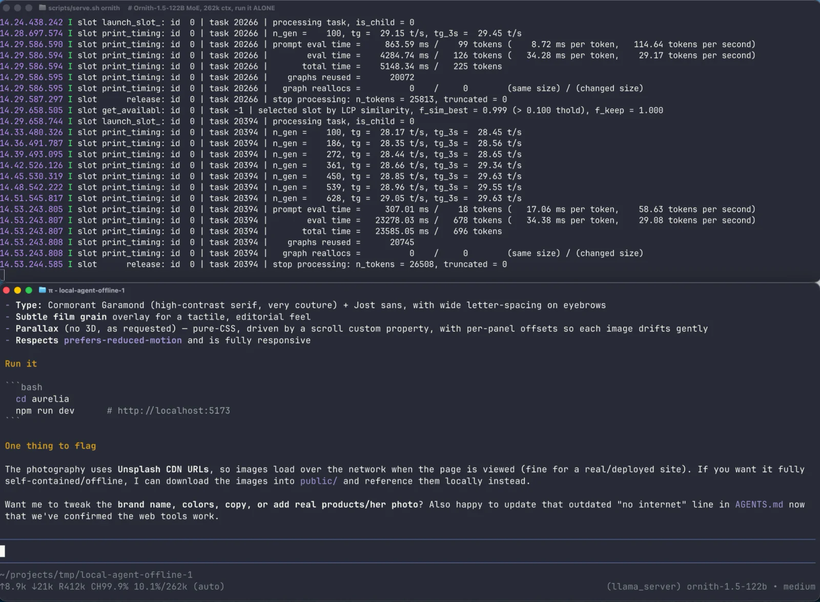 Two terminal panes. Top: llama-server log for Ornith-1.5-122B showing generation at about 29 tokens per second with around 26,000 tokens of context. Bottom: a pi session where the model summarises the landing page it built, with the status bar showing ornith-1.5-122b and 10.1% of a 262k context window used.