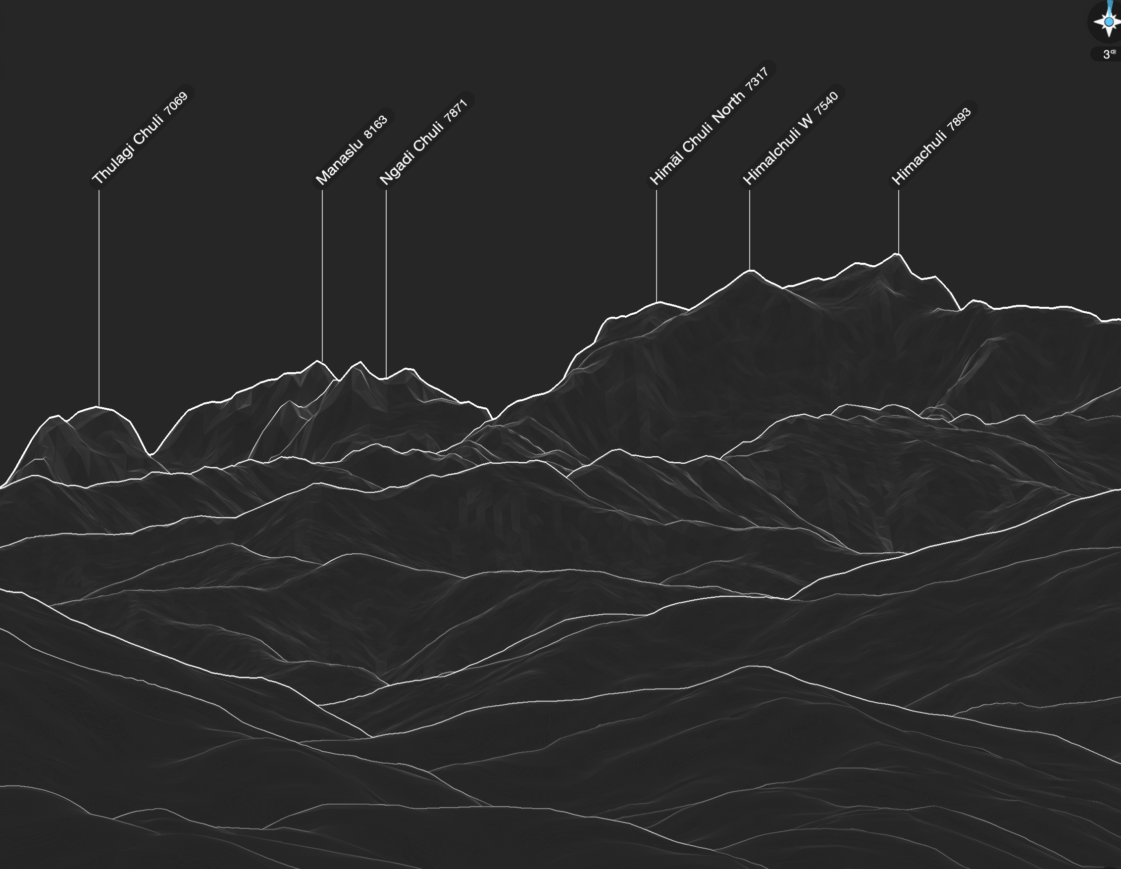 PeakFinder at Syauli Bazaar. Thulagi Chuli, Manaslu, Ngadi Chuli, Himalchuli left to right — the same ordering as every Chitwan photo.